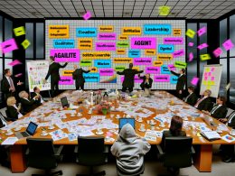 Konferenzraum mit Managern im Anzug, Beratern mit großen Gesten, voll mit PowerPoint-Folien, Buzzwords, Kaffeetassen und Post-its. Im Hintergrund Akten und ein skeptischer Mitarbeiter im Hoodie.