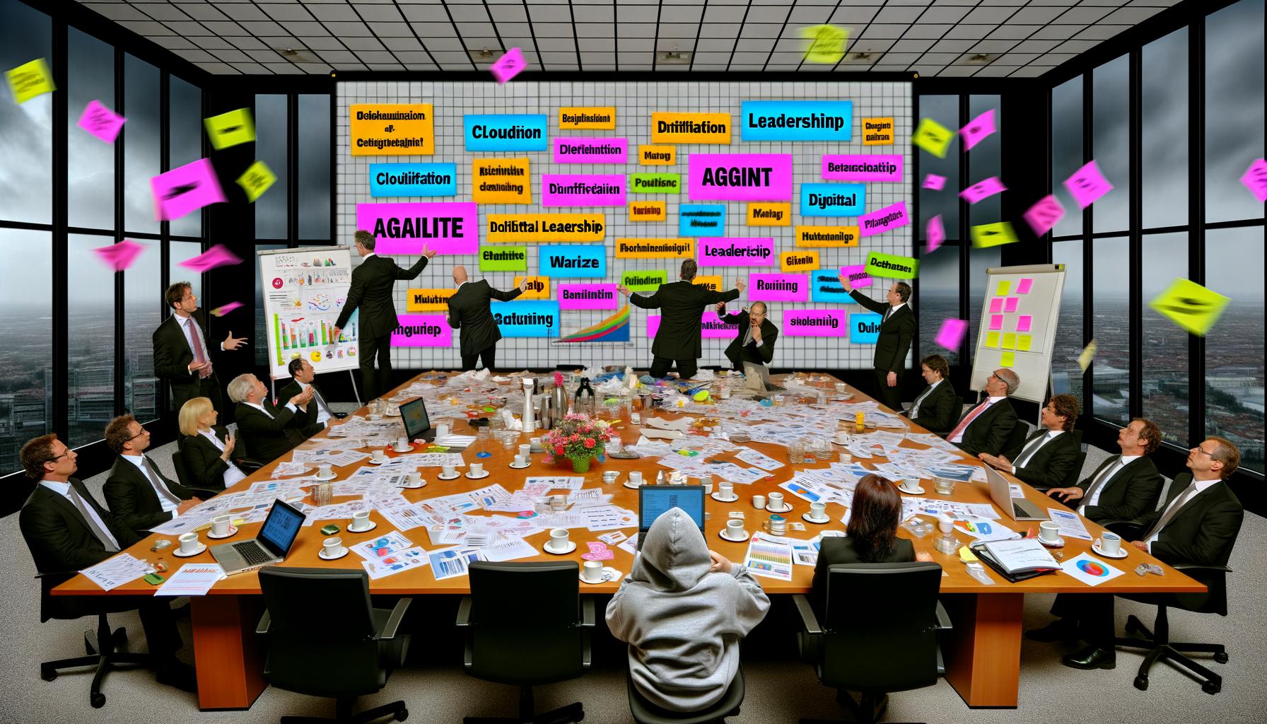 Konferenzraum mit Managern im Anzug, Beratern mit großen Gesten, voll mit PowerPoint-Folien, Buzzwords, Kaffeetassen und Post-its. Im Hintergrund Akten und ein skeptischer Mitarbeiter im Hoodie.