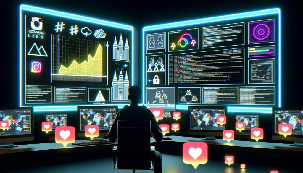 Person in modernem Kontrollraum mit mehreren Monitoren, die Instagram-Statistiken, Profile, Code und Datenvisualisierungen zeigen. Umgeben von schwebenden Hashtags, Like-Icons, Bot-Silhouetten sowie Schloss- und Warnsymbolen.