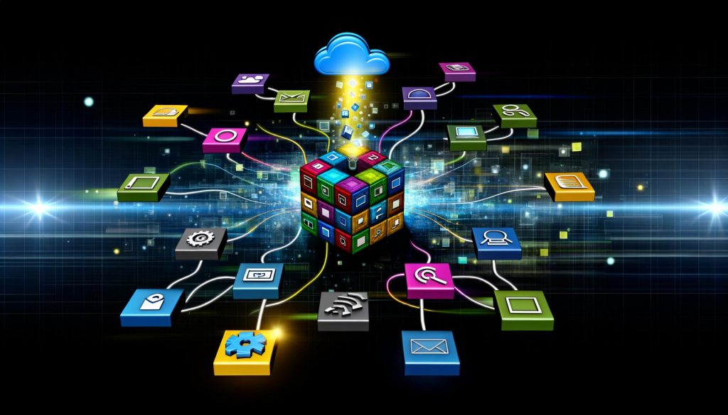 Stilisierte Darstellung einer modernen digitalen Arbeitsumgebung mit verbundenen Cloud-Apps, einem farbenfrohen Workflow-Builder und Symbolen für Effizienz und Überwachung.