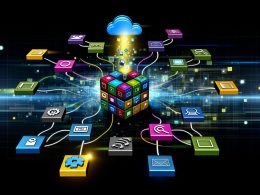 Stilisierte Darstellung einer modernen digitalen Arbeitsumgebung mit verbundenen Cloud-Apps, einem farbenfrohen Workflow-Builder und Symbolen für Effizienz und Überwachung.