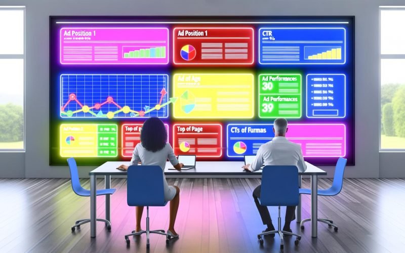 Zwei Marketer inspizieren grafische Dashboards mit Werbepositionen, Ad-Rankings und hervorgehobenen Anzeigenbereichen auf einer simulierten Suchergebnisseite.