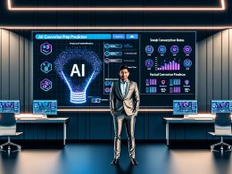 Moderner Online-Marketer in elegantem Raum umgeben von digitalen Dashboards, Datenvisualisierungen und dem Interface des AI Conversion Prep Predictors.