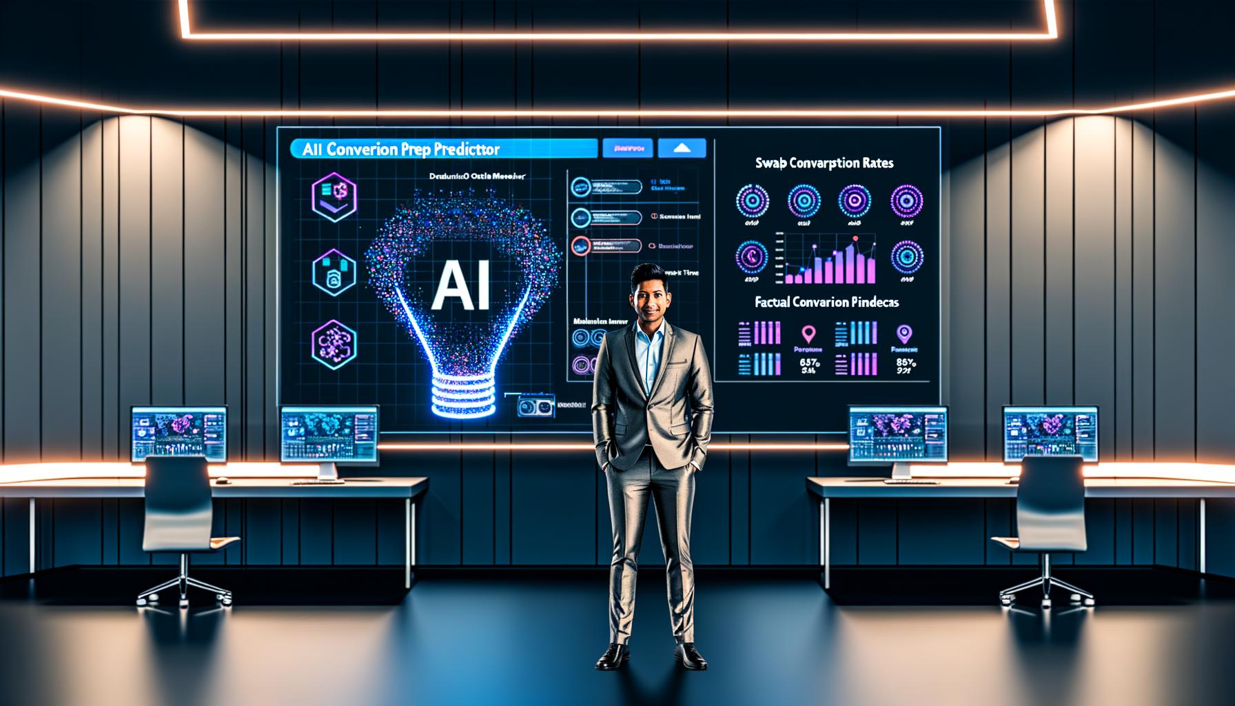 Moderner Online-Marketer in elegantem Raum umgeben von digitalen Dashboards, Datenvisualisierungen und dem Interface des AI Conversion Prep Predictors.