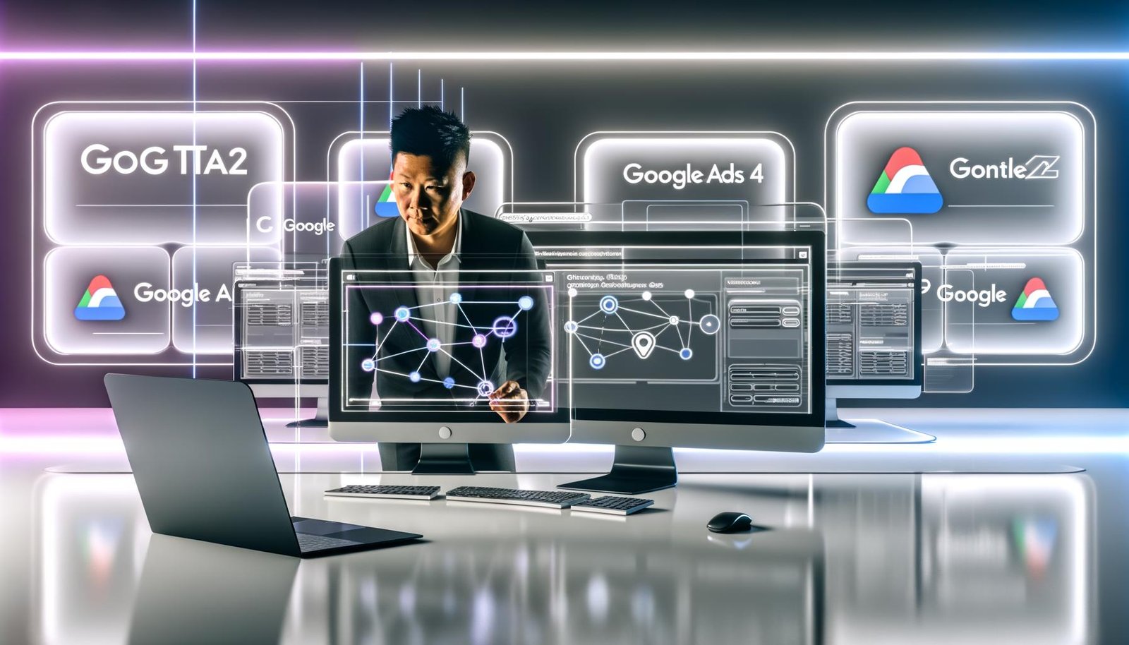 Futuristisches, minimalistisches Medienbüro mit großen Monitoren, Google Analytics 4 Dashboards, gtag-Code-Snippets und einem Marketer beim Einrichten von gtag.