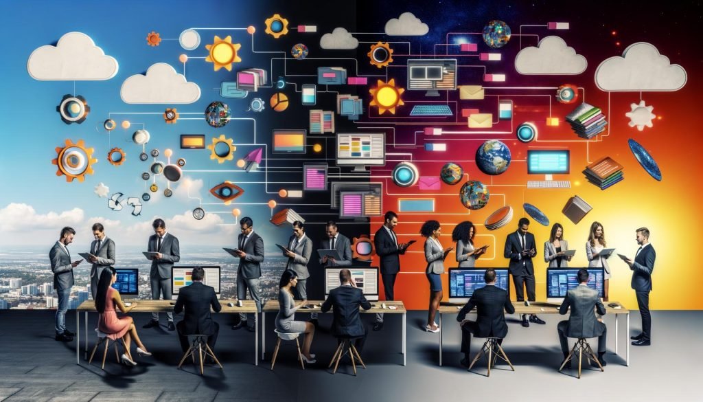 Futuristischer Arbeitsbereich mit vielfältigen Marketing- und Technikprofis, digitalen Inhaltsmodulen, APIs und mehreren Geräten, die Übergang von traditionellen CMS-Systemen zu flexiblen Headless-Lösungen symbolisierend.