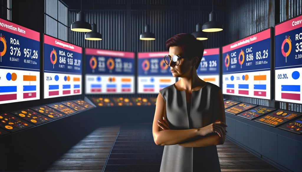 Marketingmanager im modernen Kontrollraum, betrachtet kritisch zentrale Marketing-KPIs wie Conversion Rate auf Monitoren mit digitalen Dashboards.