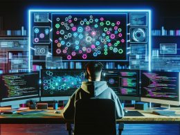 Futuristisches digitales Kontrollzentrum mit Profi im Hoodie vor buntem Workflow-Bildschirm und mehreren Monitoren mit Code, Diagrammen und API-Grafiken.