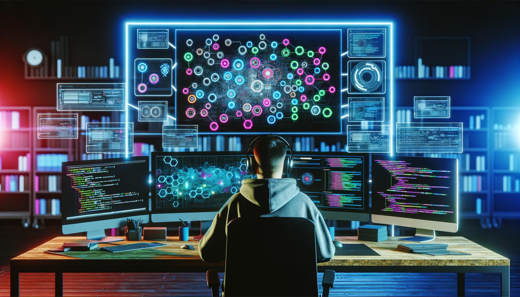 Futuristisches digitales Kontrollzentrum mit Profi im Hoodie vor buntem Workflow-Bildschirm und mehreren Monitoren mit Code, Diagrammen und API-Grafiken.