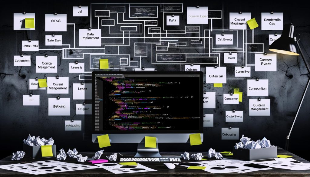Modern eingerichteter Arbeitsplatz mit großem Bildschirm, der modulare JavaScript-Codes und ein Flowchart zur gtag-Implementierung zeigt. Post-its zu Data Layer, Consent Management und Debugging; chaotische Elemente im Hintergrund im Kontrast zur klar strukturierten Arbeitsfläche.