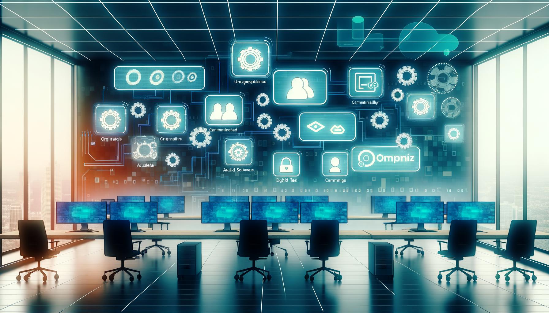 Moderne Büroillustration mit offenem Workspace, großem Make (Integromat) Dashboard und leuchtenden Datenströmen zu Google Sheets, Slack, HubSpot sowie API-Integration im Hintergrund.