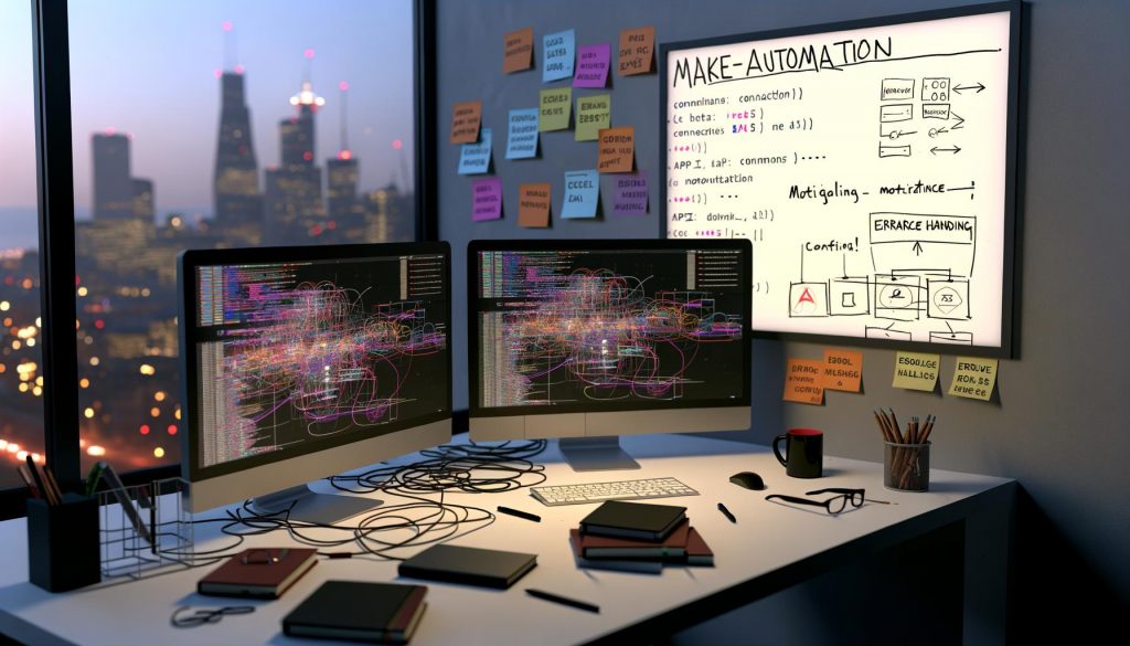 Arbeitsplatz mit mehreren Monitoren, die Make-Automation-Workflows zeigen, chaotischem Schreibtisch, Kaffetasse, Notizbüchern, Post-Its und Fehler-Popups in urbaner Abendstimmung.