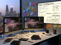 Arbeitsplatz mit mehreren Monitoren, die Make-Automation-Workflows zeigen, chaotischem Schreibtisch, Kaffetasse, Notizbüchern, Post-Its und Fehler-Popups in urbaner Abendstimmung.