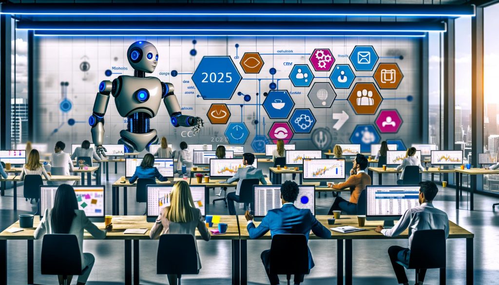 Marketing-Team im modernen Büro, unterstützt von Robotern und automatisierten Tools, während auf Monitoren Workflow-Diagramme angezeigt werden. Im Hintergrund eine große digitale Uhr mit der Jahreszahl 2025.