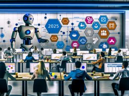 Marketing-Team im modernen Büro, unterstützt von Robotern und automatisierten Tools, während auf Monitoren Workflow-Diagramme angezeigt werden. Im Hintergrund eine große digitale Uhr mit der Jahreszahl 2025.