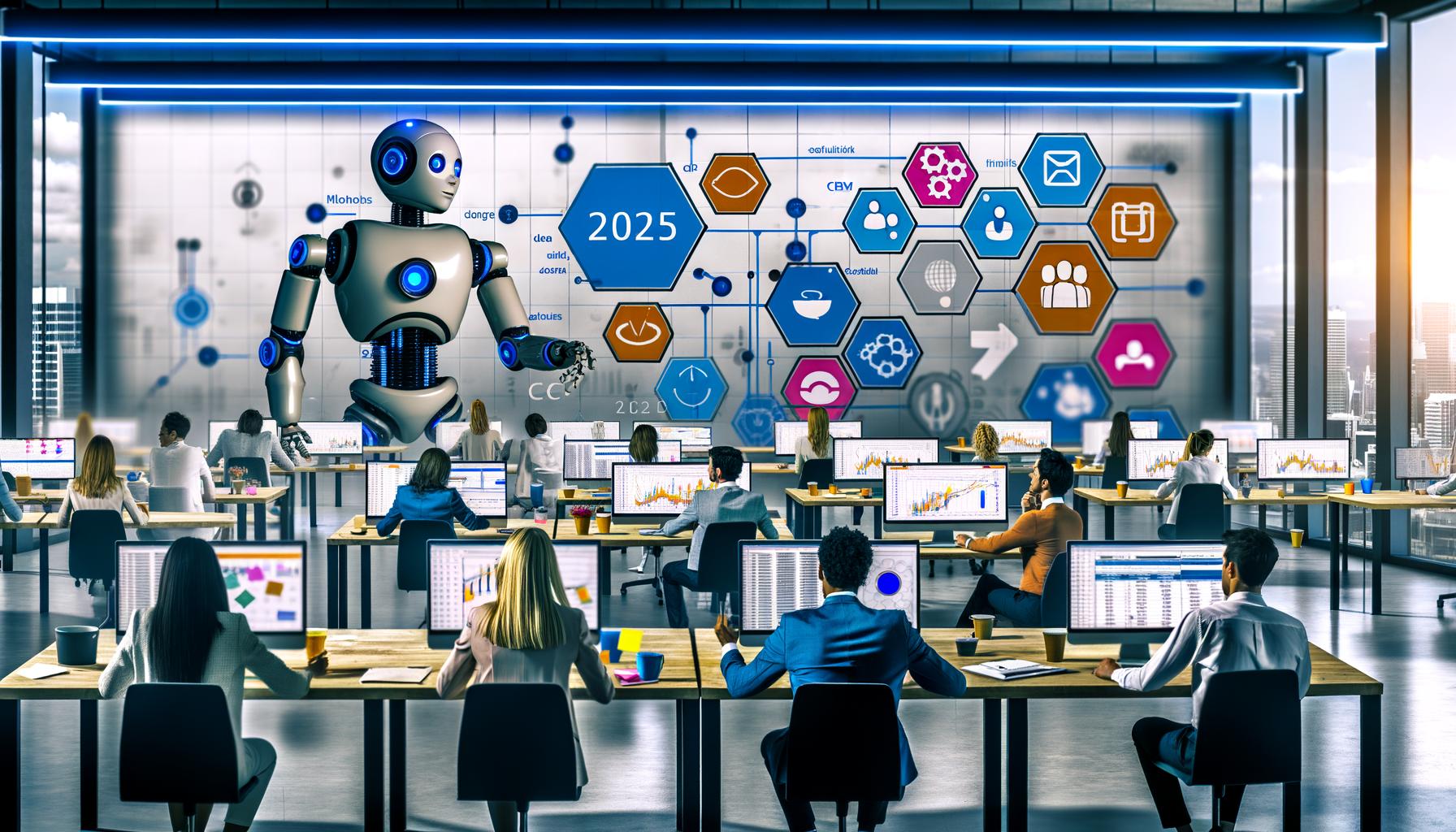 Marketing-Team im modernen Büro, unterstützt von Robotern und automatisierten Tools, während auf Monitoren Workflow-Diagramme angezeigt werden. Im Hintergrund eine große digitale Uhr mit der Jahreszahl 2025.
