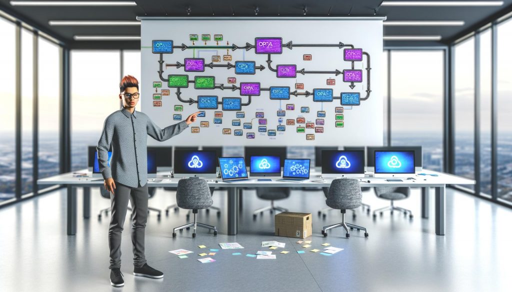 Genderneutrale Person zeigt in einem aufgeräumten, modernen Büro auf ein digitales Whiteboard mit bunten Automatisierungs-Grafiken und mehreren Bildschirmen mit Datenflüssen und API-Knotenpunkten.