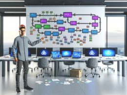 Genderneutrale Person zeigt in einem aufgeräumten, modernen Büro auf ein digitales Whiteboard mit bunten Automatisierungs-Grafiken und mehreren Bildschirmen mit Datenflüssen und API-Knotenpunkten.