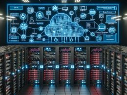 Offener Serverraum mit digitalen Tool-Icons, leuchtenden Datenströmen, Hologramm-Architekturdiagramm, Datapipelines und Überwachungssystemen.