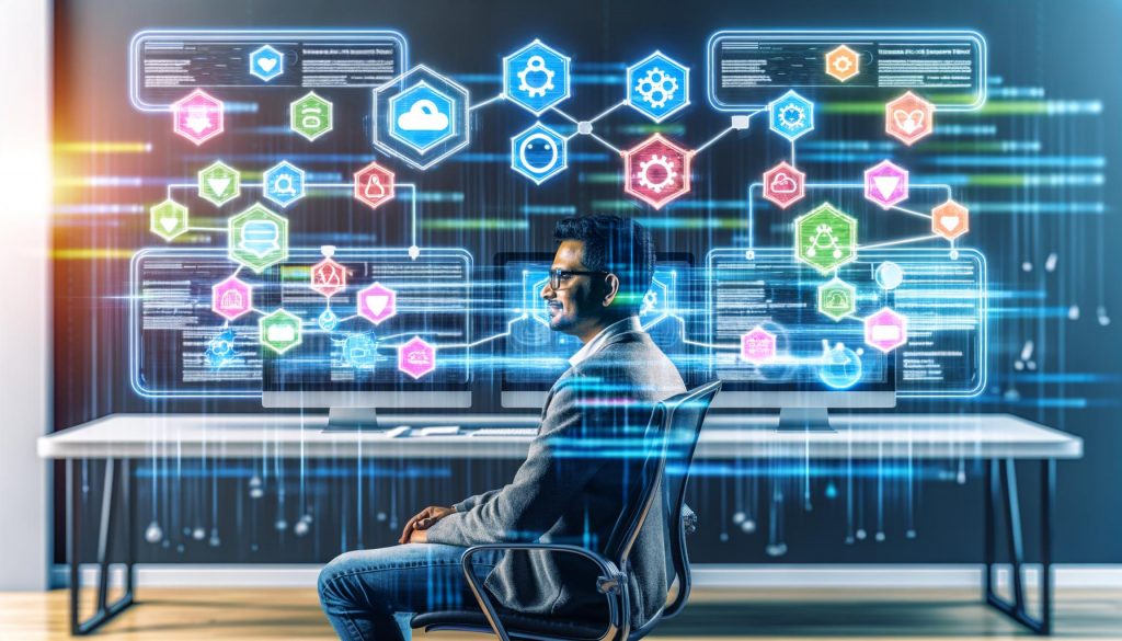 Online-Marketing-Experte an modernen Bildschirmen mit Make-Automation, APIs, Webhooks und digitalen Cloud-Hologrammen in einem innovativen Workspace