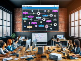Junge Fachleute arbeiten im kreativen Büro an Make Automation Workflows mit mehreren Bildschirmen, Whiteboard, Laptops und Kaffeetassen.