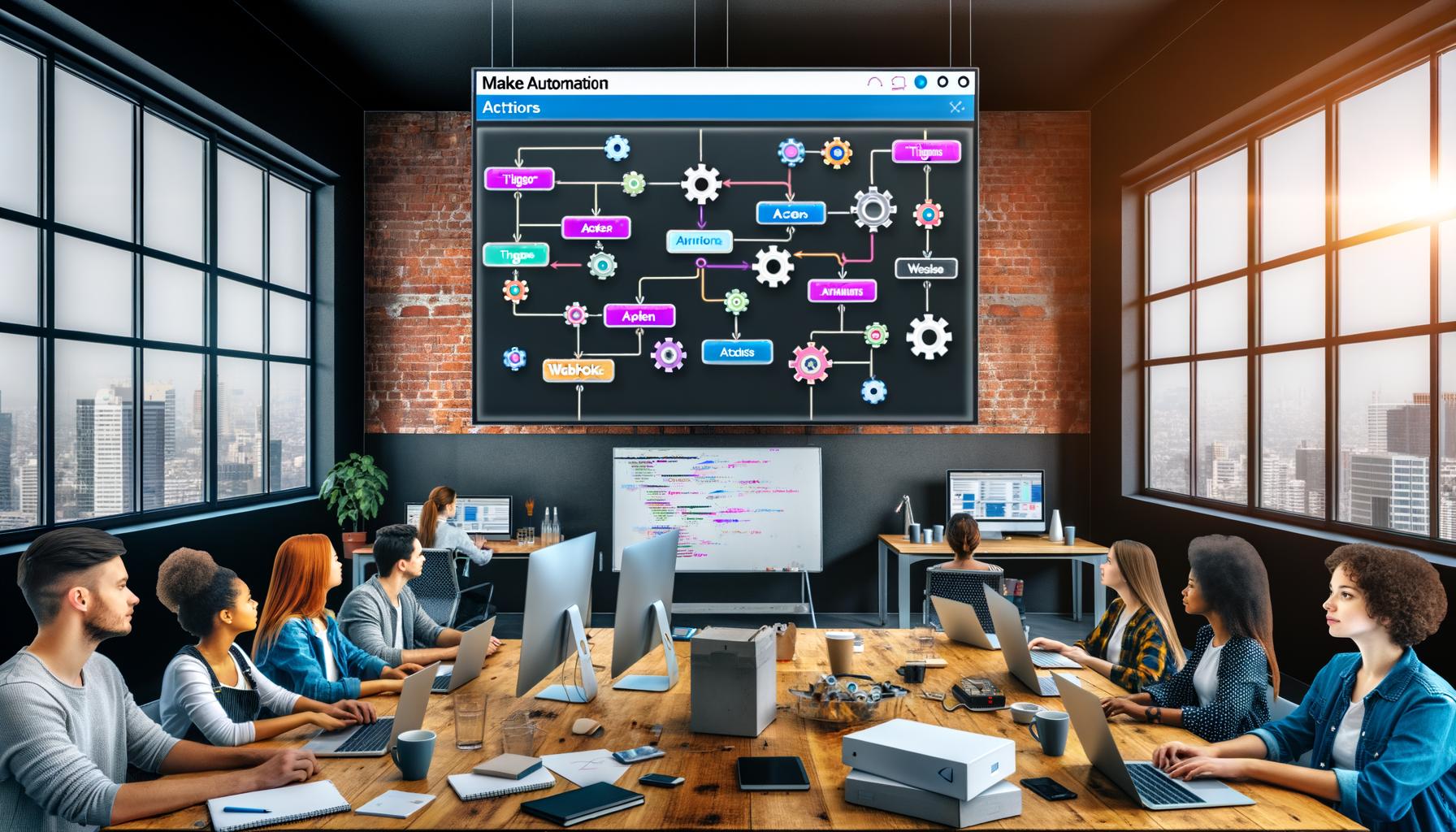 Junge Fachleute arbeiten im kreativen Büro an Make Automation Workflows mit mehreren Bildschirmen, Whiteboard, Laptops und Kaffeetassen.