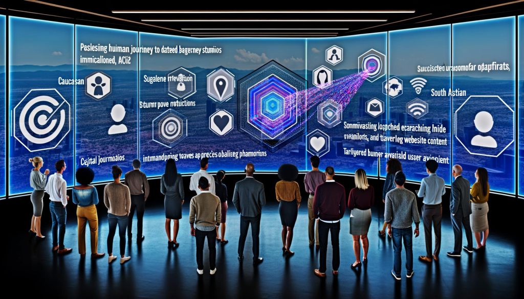 Marketing-Kontrollraum mit holografischen Dashboards, multikulturellem Team und KI-basierten Nutzeranalysen in futuristischer Umgebung