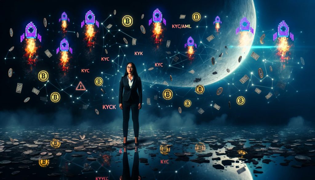 Geschäftsperson steht im Zentrum eines dunklen, chaotischen Blockchain-Netzwerks mit explodierenden Hype-Blasen, zerbrochenen Casinochips, KYC/AML-Warnungen und einer schwebenden Token-Checkliste.