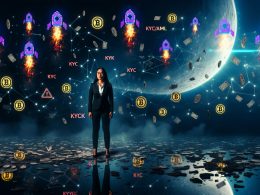 Geschäftsperson steht im Zentrum eines dunklen, chaotischen Blockchain-Netzwerks mit explodierenden Hype-Blasen, zerbrochenen Casinochips, KYC/AML-Warnungen und einer schwebenden Token-Checkliste.