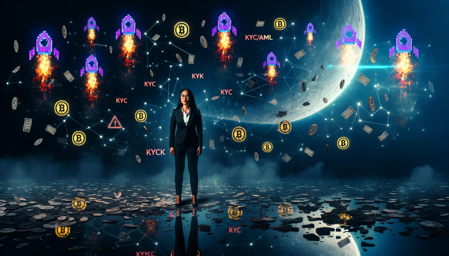 Geschäftsperson steht im Zentrum eines dunklen, chaotischen Blockchain-Netzwerks mit explodierenden Hype-Blasen, zerbrochenen Casinochips, KYC/AML-Warnungen und einer schwebenden Token-Checkliste.