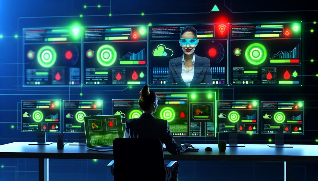 Administrator an Schreibtisch vor mehreren Bildschirmen mit Website-Uptime-Statistiken, Diagrammen, Echtzeit-Benachrichtigungen und Uptime Robot-Logo, umgeben von grünen und roten Signalen für Website-Status.