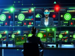 Administrator an Schreibtisch vor mehreren Bildschirmen mit Website-Uptime-Statistiken, Diagrammen, Echtzeit-Benachrichtigungen und Uptime Robot-Logo, umgeben von grünen und roten Signalen für Website-Status.