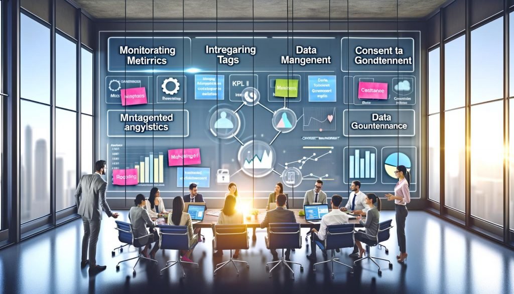 Marketing-Team vor digitalem Dashboard mit Analytics-Flows, Datenmanagement und KPIs in einem modernen Büro, strategische Notizen auf Glaswand.