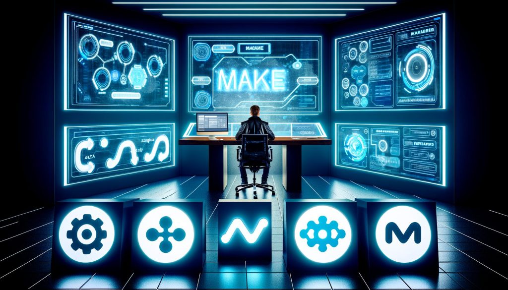 Futuristischer Kontrollraum mit Profi an Schreibtisch, umgeben von holografischen Dashboards, zentral platzierte Symbole von Make, Zapier und n8n als Wettbewerber.
