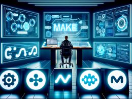 Futuristischer Kontrollraum mit Profi an Schreibtisch, umgeben von holografischen Dashboards, zentral platzierte Symbole von Make, Zapier und n8n als Wettbewerber.