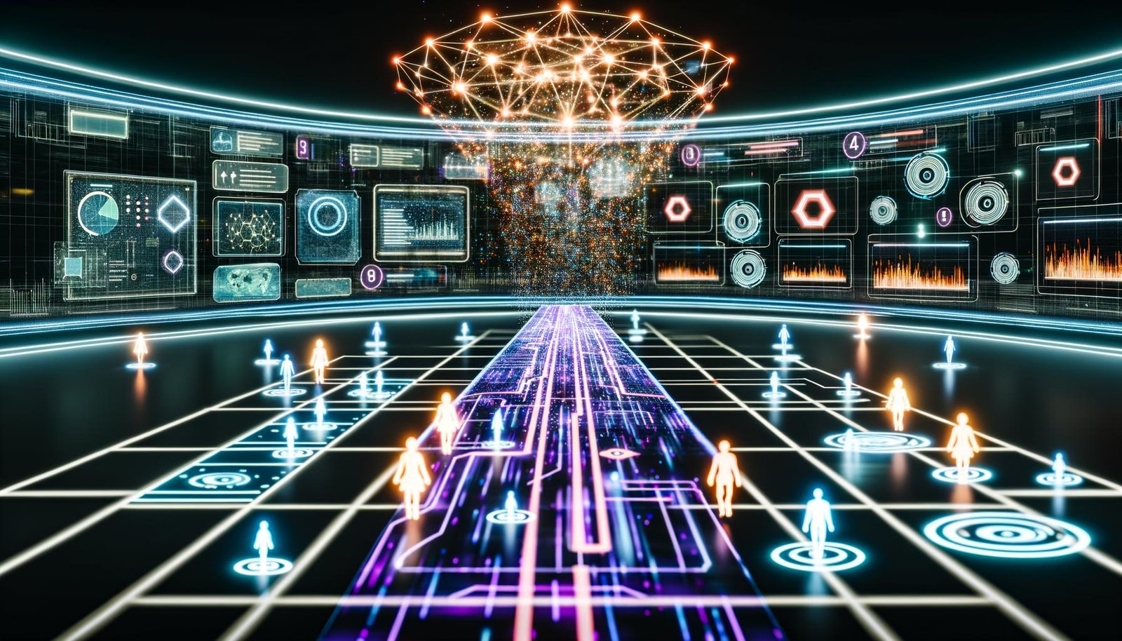 Futuristischer Kontrollraum mit holografischen Displays, dynamischem Netzwerkpfad, Avataren als Lichtpunkte, Echtzeit-Diagrammen und leuchtender AI-Visualisierung.