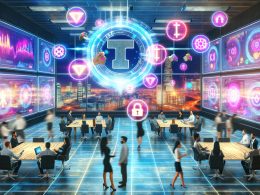 Futuristisches Großraumbüro mit Menschen, die an transparenten Touchscreens digitale Token, Diagramme und Blockchain-Symbole betrachten und handeln; im Zentrum splittert ein digitaler Token, digitale Icons werden freigegeben.