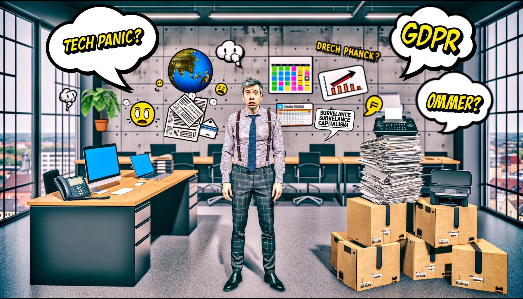 Deutsche Büroszene mit moderner Technik auf der einen und klassischer Büroausstattung auf der anderen Seite, ein unsicherer Mann im Anzug steht dazwischen, umgeben von comicartigen Sprechblasen mit Begriffen wie Techpanik, DSGVO und Überwachungskapitalismus.