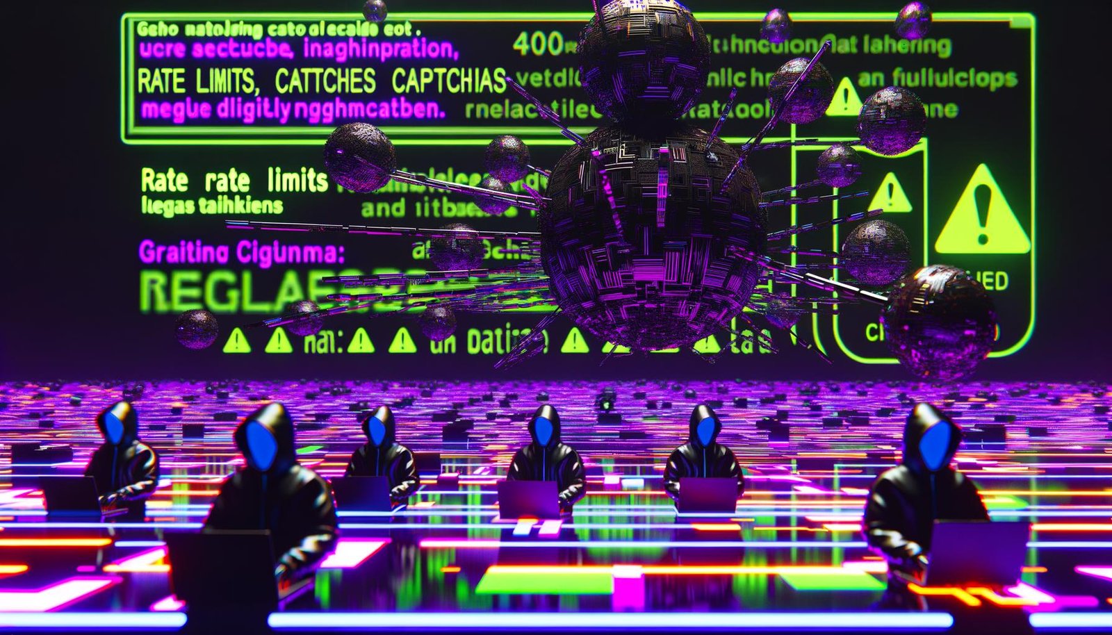 Düsteres, cyberpunkartiges Titelbild mit digitalem Mähdrescher im Datenfeld, Instagram-Schriftzug, anonymen Programmierer-Figuren und Warnsymbolen.