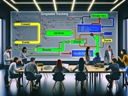 Digital Marketing-Team analysiert Google Analytics-Tracking-Flowchart mit gtag.js-Code in modernem Büro, Sticky Notes mit Begriffen wie Consent, Events, Data Layer auf dem Tisch
