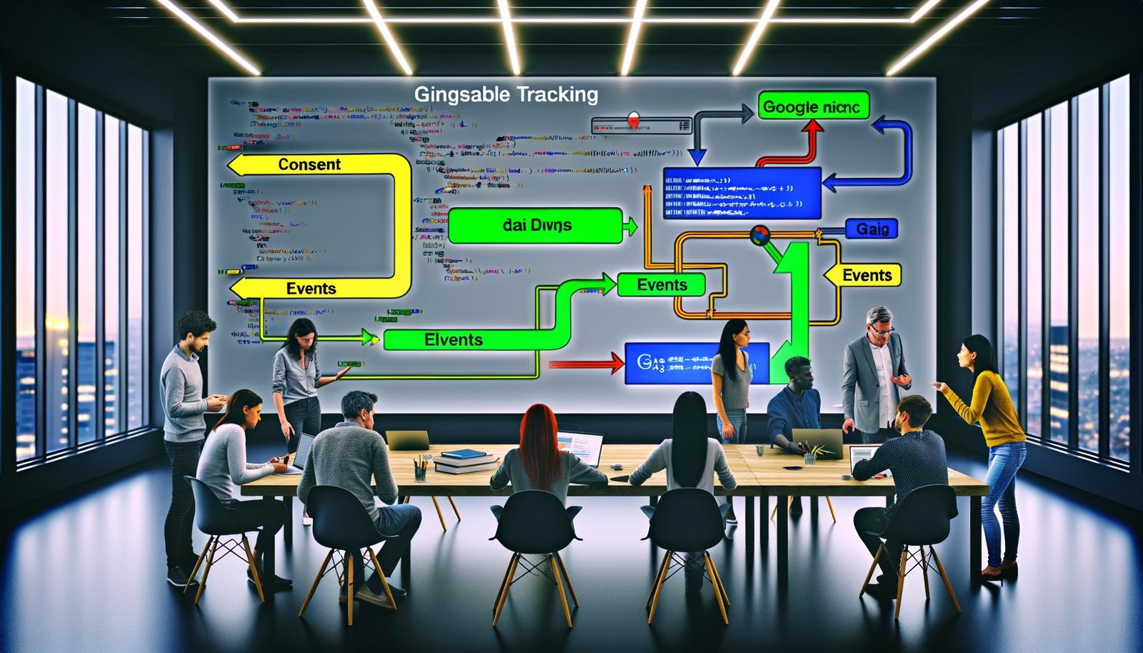 Digital Marketing-Team analysiert Google Analytics-Tracking-Flowchart mit gtag.js-Code in modernem Büro, Sticky Notes mit Begriffen wie Consent, Events, Data Layer auf dem Tisch