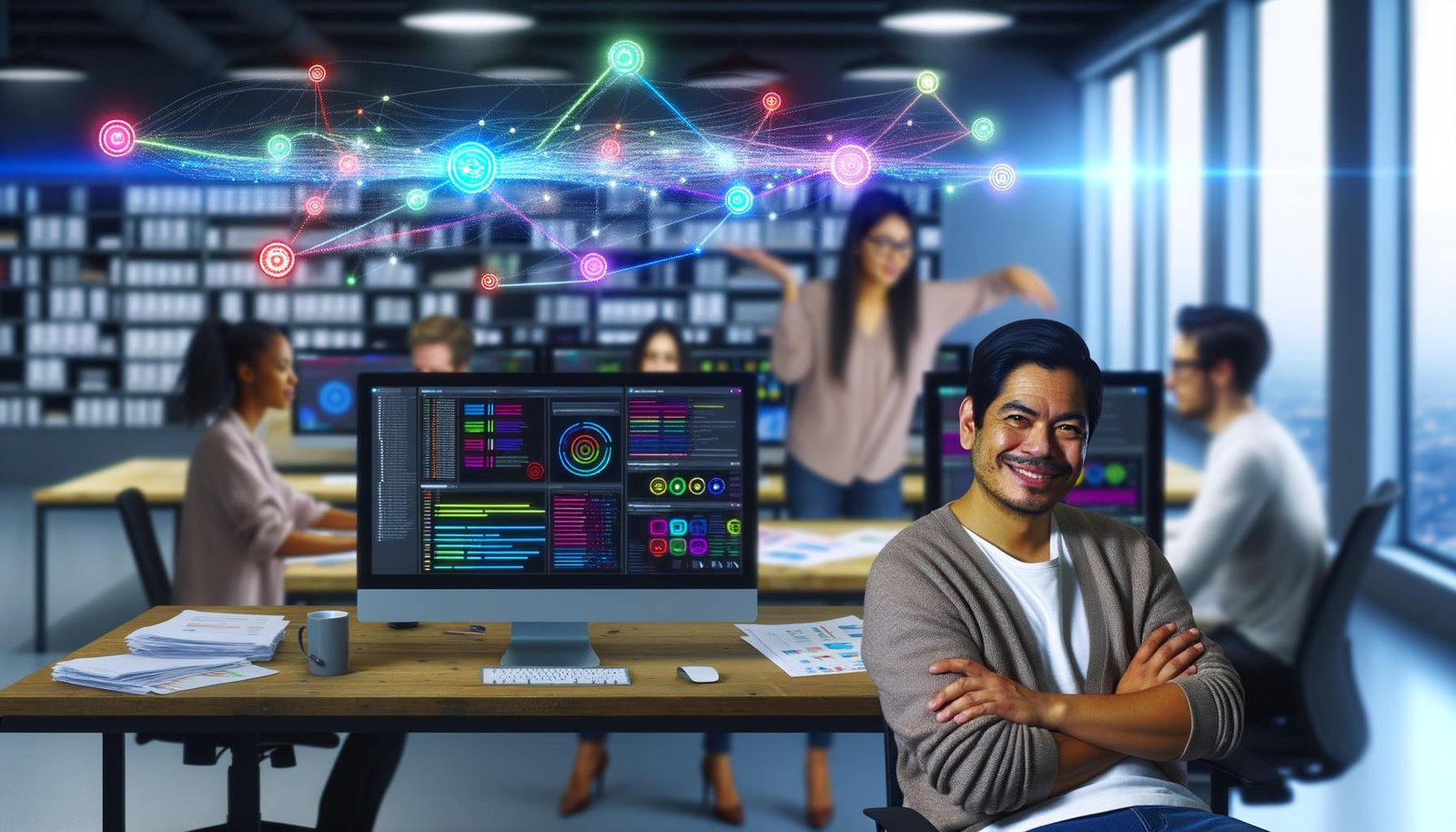 Entspannter Mitarbeiter in modernem Büro nutzt Automatisierungstools auf Monitoren, während Kollegen mit Papierkram kämpfen