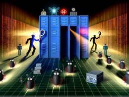 Futuristische Serverlandschaft mit durchlässigen Firewalls, angreifenden Schatten und freundlich begrüßten Suchmaschinenbots vor digitalen Türen, mit SEO-Symbolen im Hintergrund.