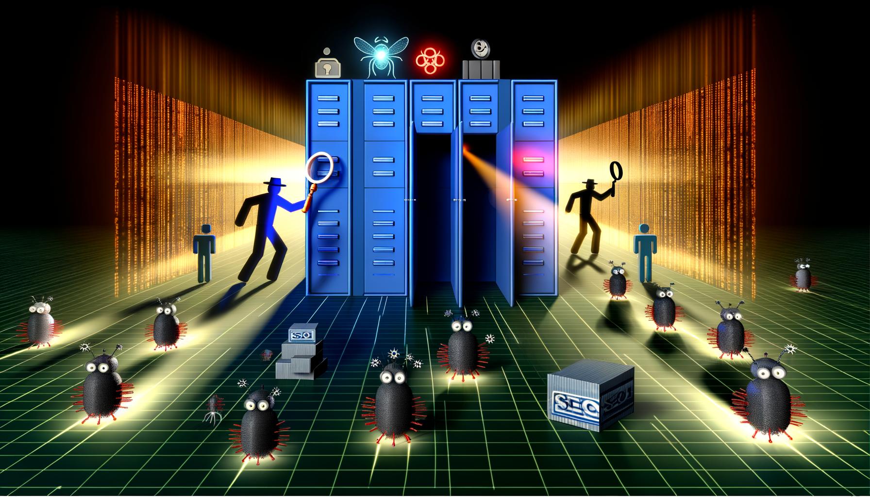 Futuristische Serverlandschaft mit durchlässigen Firewalls, angreifenden Schatten und freundlich begrüßten Suchmaschinenbots vor digitalen Türen, mit SEO-Symbolen im Hintergrund.