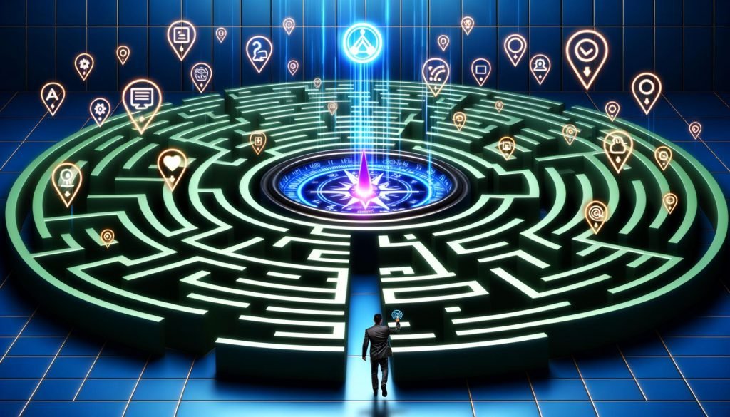 Stilisiertes digitales Labyrinth mit leuchtendem Kompass, über das digitale Marketing-Symbole schweben. Im Vordergrund analysiert ein moderner Geschäftsmann einen Touchpoint auf einem holografischen Display.