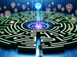 Stilisiertes digitales Labyrinth mit leuchtendem Kompass, über das digitale Marketing-Symbole schweben. Im Vordergrund analysiert ein moderner Geschäftsmann einen Touchpoint auf einem holografischen Display.