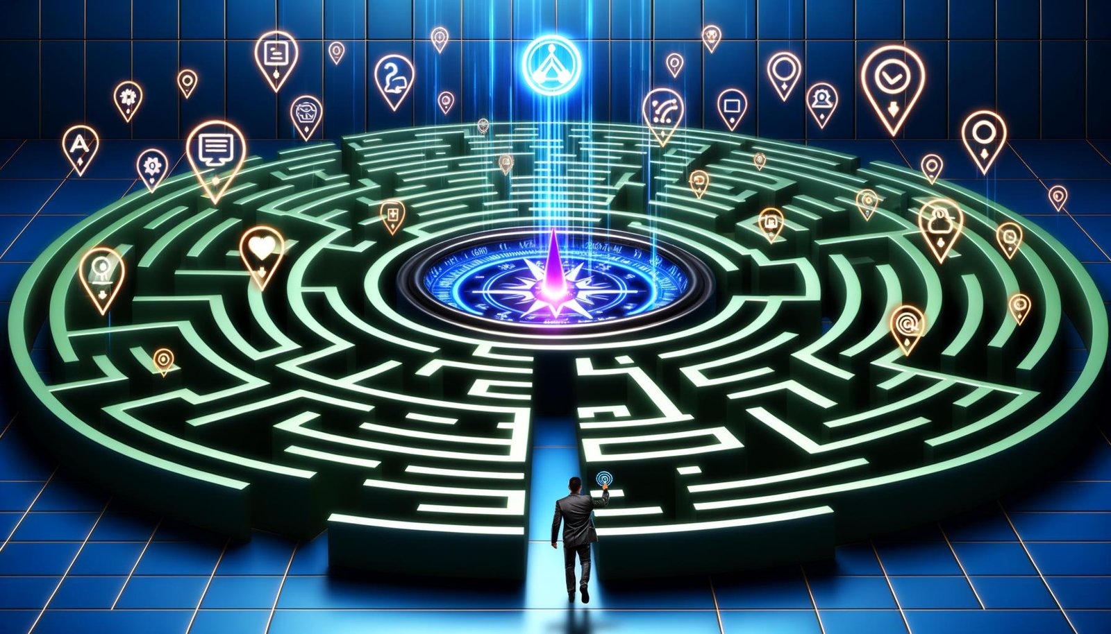 Stilisiertes digitales Labyrinth mit leuchtendem Kompass, über das digitale Marketing-Symbole schweben. Im Vordergrund analysiert ein moderner Geschäftsmann einen Touchpoint auf einem holografischen Display.