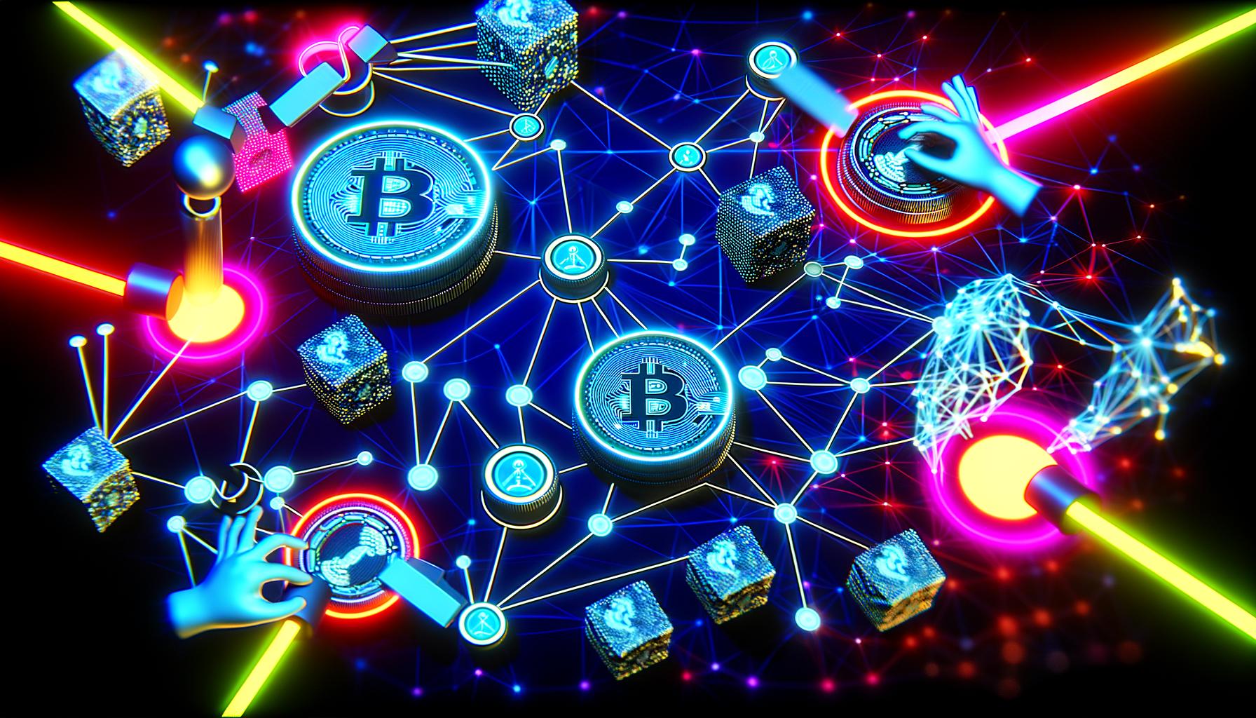 Digitale Darstellung eines Maschinenraums mit bunten Blockchain-Tokens, vernetzten Datenströmen und interagierenden Avataren in einer futuristischen Web 3.0-Atmosphäre.