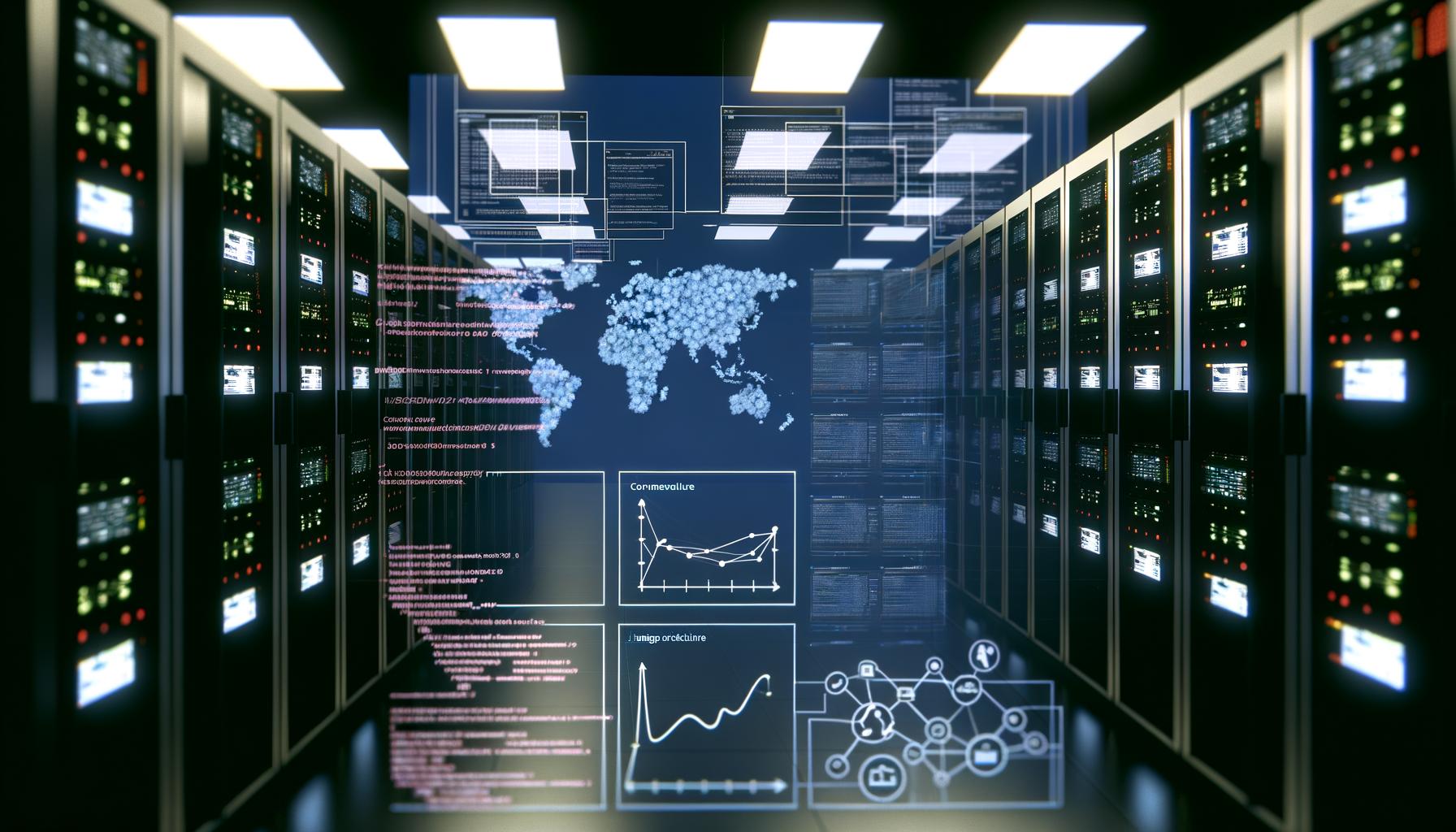 Marketer im modernen Großraumbüro vor riesigen Monitoren mit widersprüchlichen Daten, umgeben von Berichten, Post-its und weiteren Mitarbeitern.