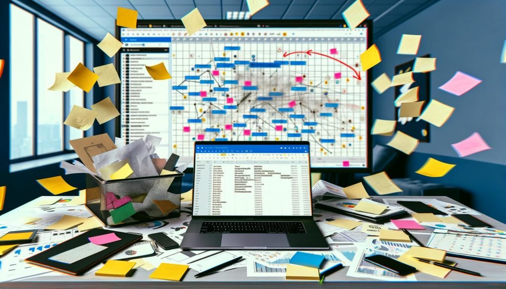 Vergleich eines chaotischen Arbeitsplatzes voller Post-its, E-Mails und offener Tools mit einer modernen Content Workflow Plattform im Hintergrund